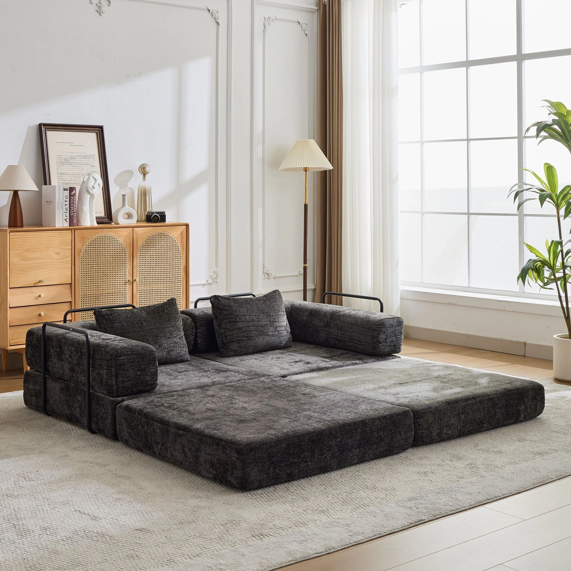 Compression Sofa,Convertible Floor Sofa Bed with Fixed-Shape Frame, Loveseats Boneless Modular Sectional Sofa,No Assembly Required,Chenille fabric,for Living Room Bedroom,Black view 2