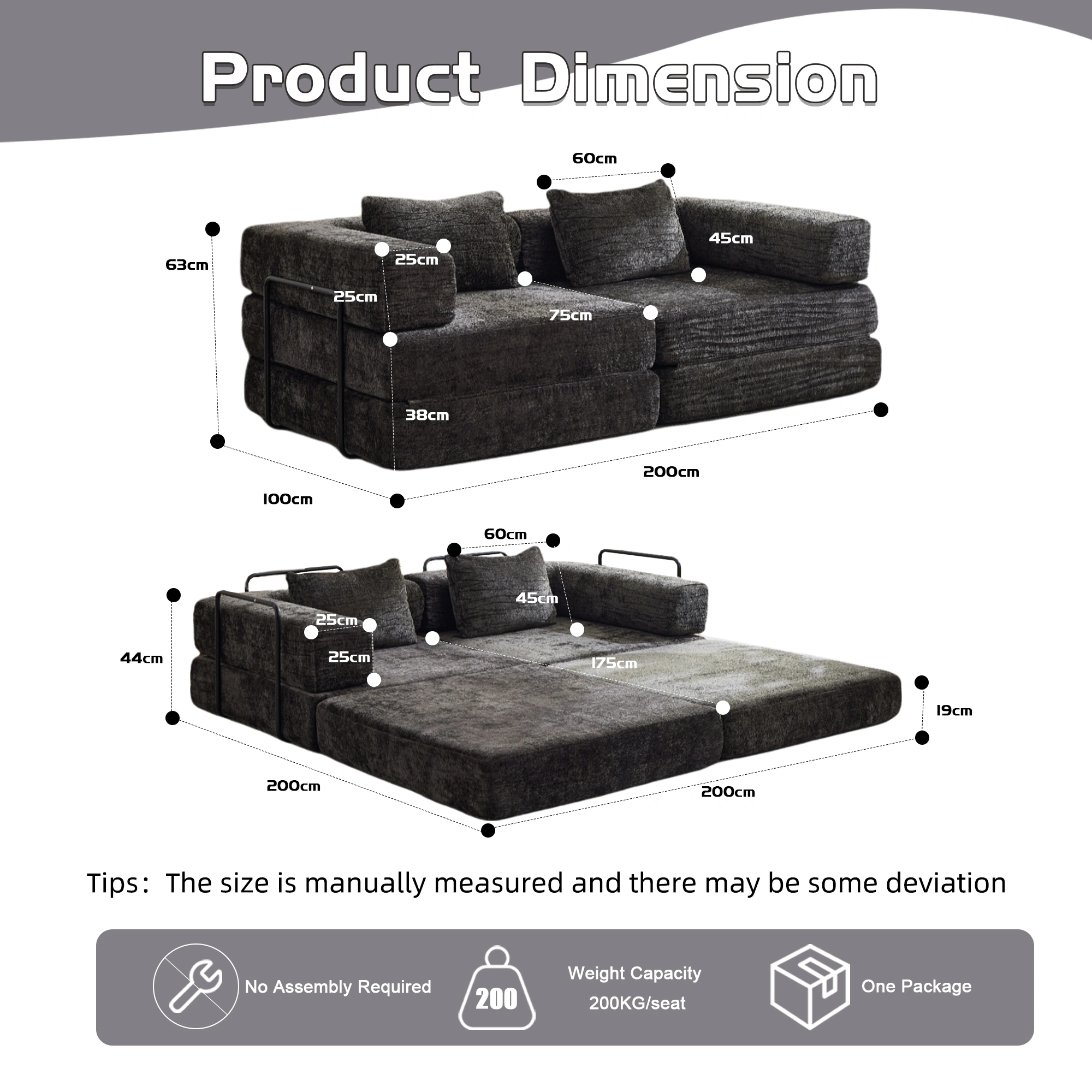 Compression Sofa,Convertible Floor Sofa Bed with Fixed-Shape Frame, Loveseats Boneless Modular Sectional Sofa,No Assembly Required,Chenille fabric,for Living Room Bedroom,Black view 3