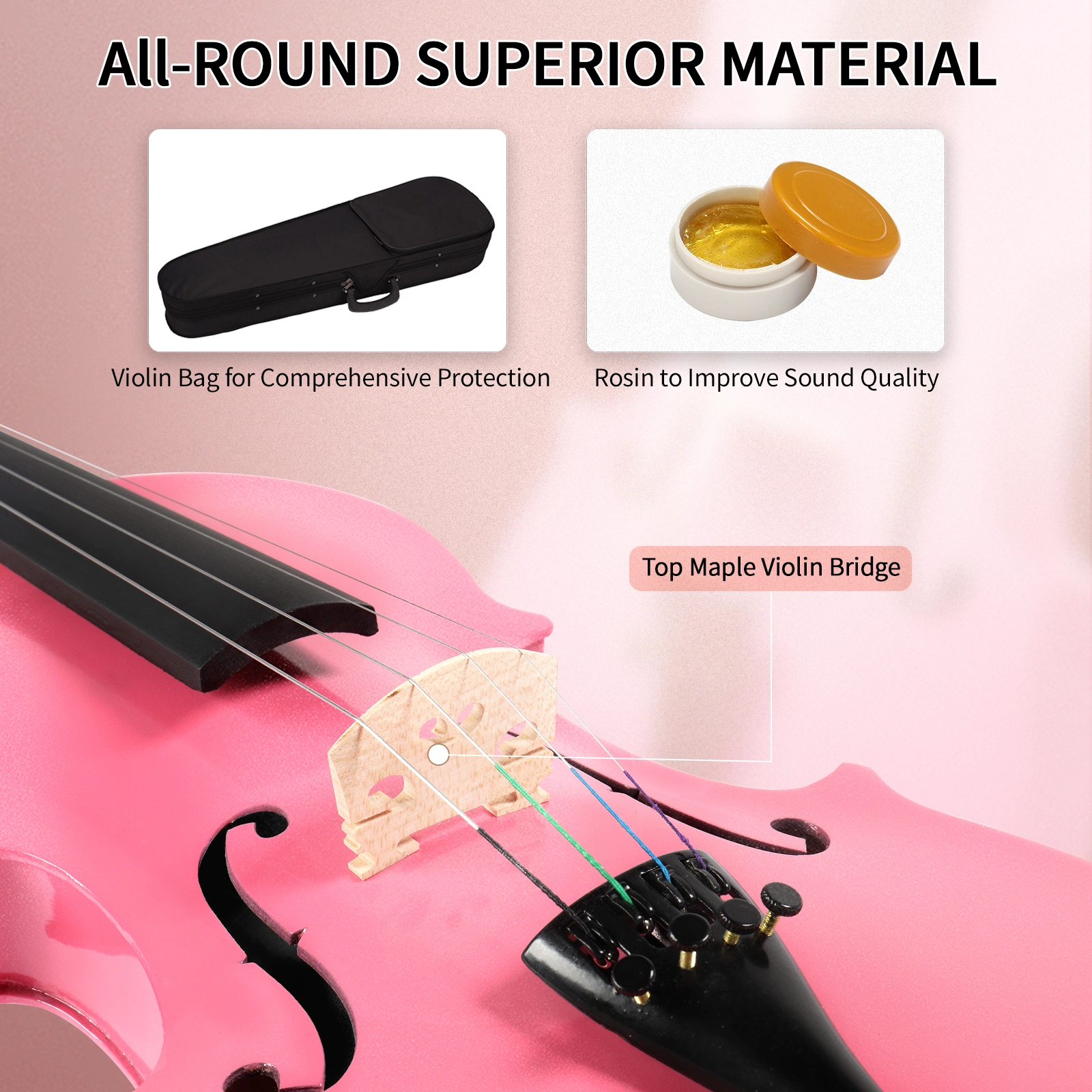 New 3/4 Acoustic Violin Case Bow Rosin Pink view 17