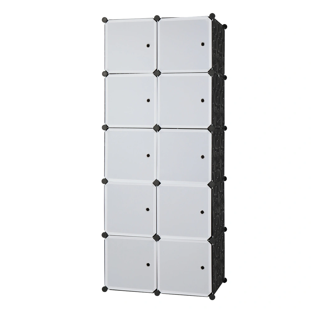 10-Cube Stackable Storage Organizer, Modular Closet Cabinet with Hanging Rod, White Doors & Black Panels
