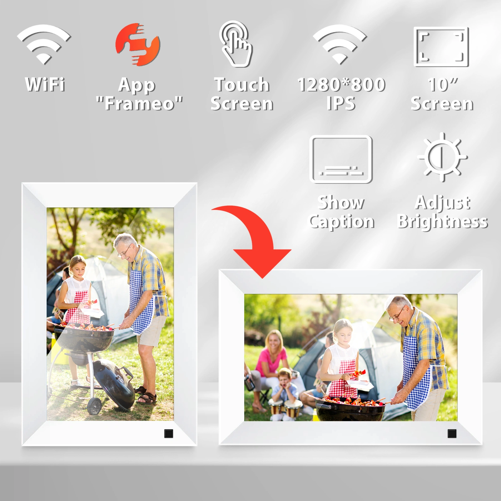 1" Digital Photo Frame + 6" Wooden Frame, 32GB Body Sensor Picture Frame, Wi-Fi Electronic Frame with Photo & Video Sharing view 2