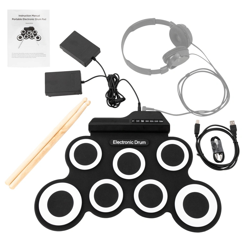 Portable Electric Drum Set with 7 Full-Tone Pads, Drum Sticks, Pedals, Headphone Jack, Multi-Power Supply Christmas Gift