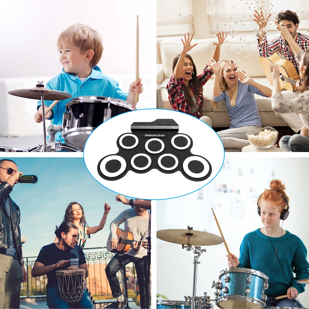 Portable Electric Drum Set with 7 Full-Tone Pads, Drum Sticks, Pedals, Headphone Jack, Multi-Power Supply Christmas Gift view 2