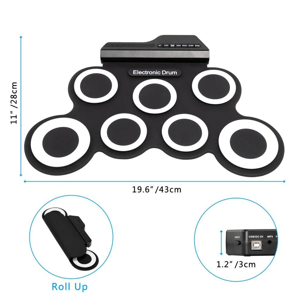 Portable Electric Drum Set with 7 Full-Tone Pads, Drum Sticks, Pedals, Headphone Jack, Multi-Power Supply Christmas Gift view 3