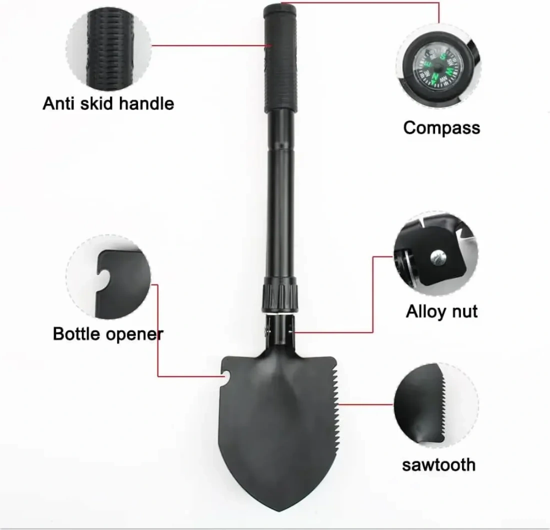 Folding Shovel Portable Camping Shovel with Compass, Multi-Function Survival Tool, LKW Mounted Engineering Shovel for Outdoor, Self-Defense with Storage Bag view 5