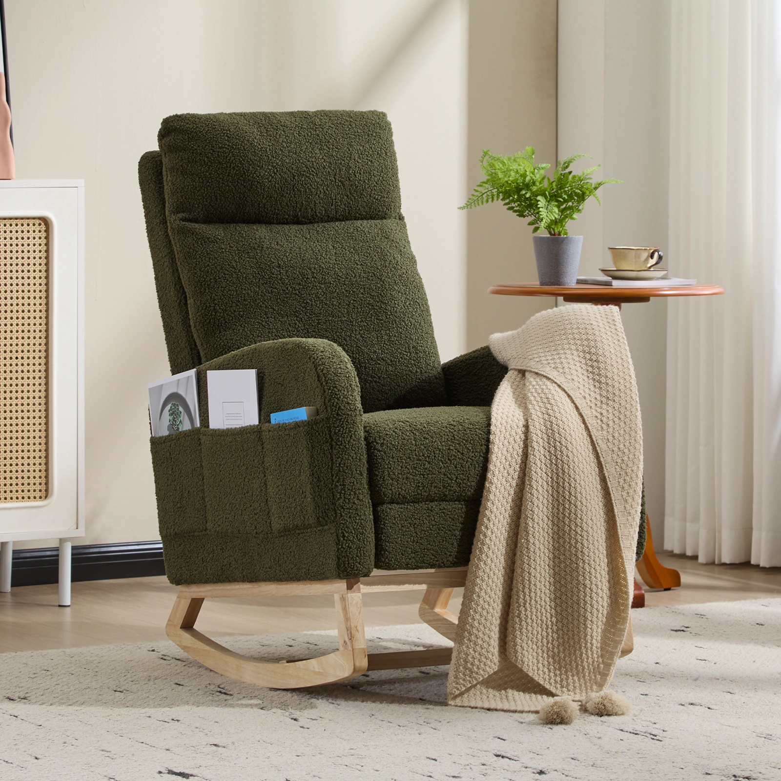 Modern Rocking Chair with Solid Wood Legs, Dark Green Teddy Upholstered Glider Rocker, High Back Armchair with Side Pocket for Nursery Living Room