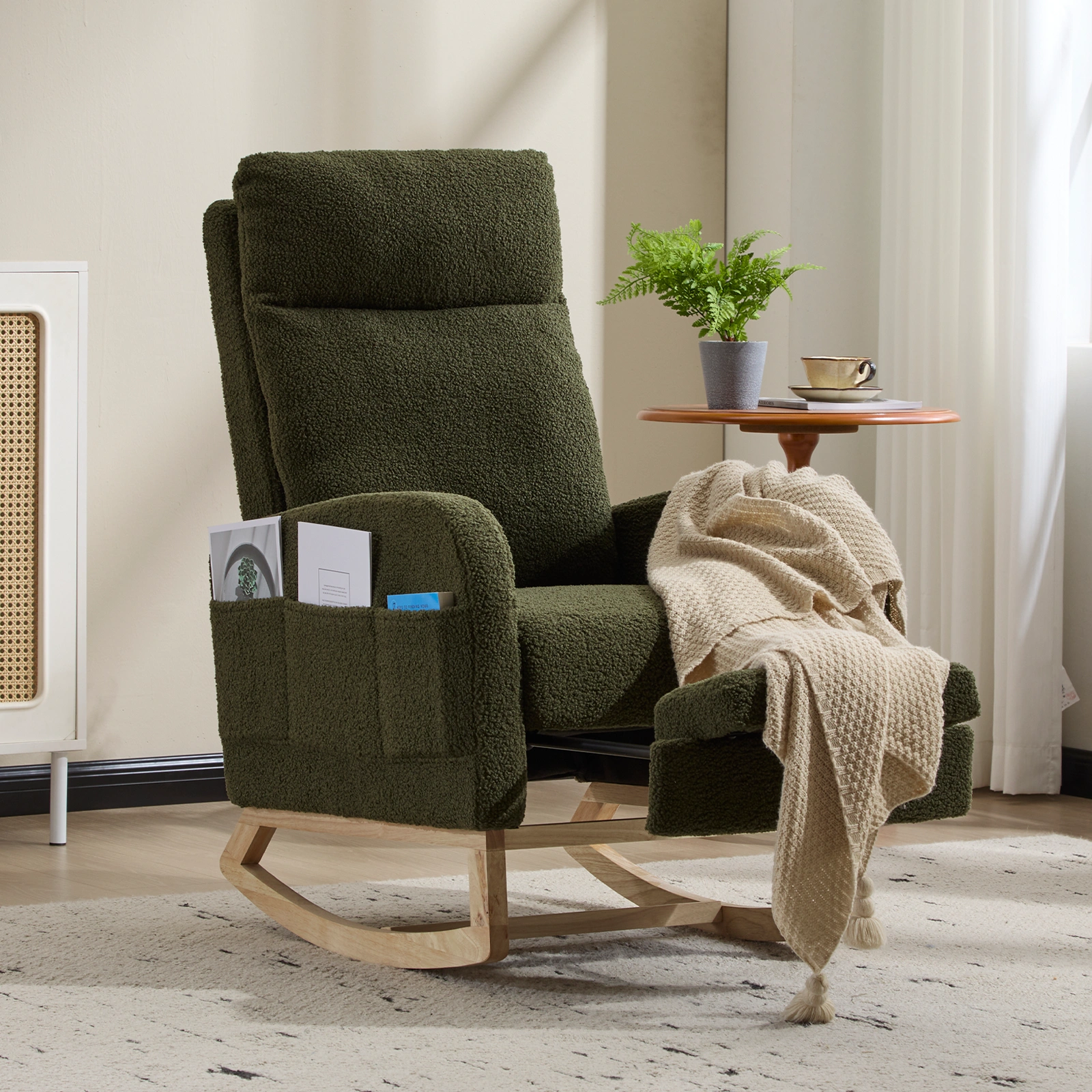 Modern Rocking Chair with Solid Wood Legs, Dark Green Teddy Upholstered Glider Rocker, High Back Armchair with Side Pocket for Nursery Living Room view 2