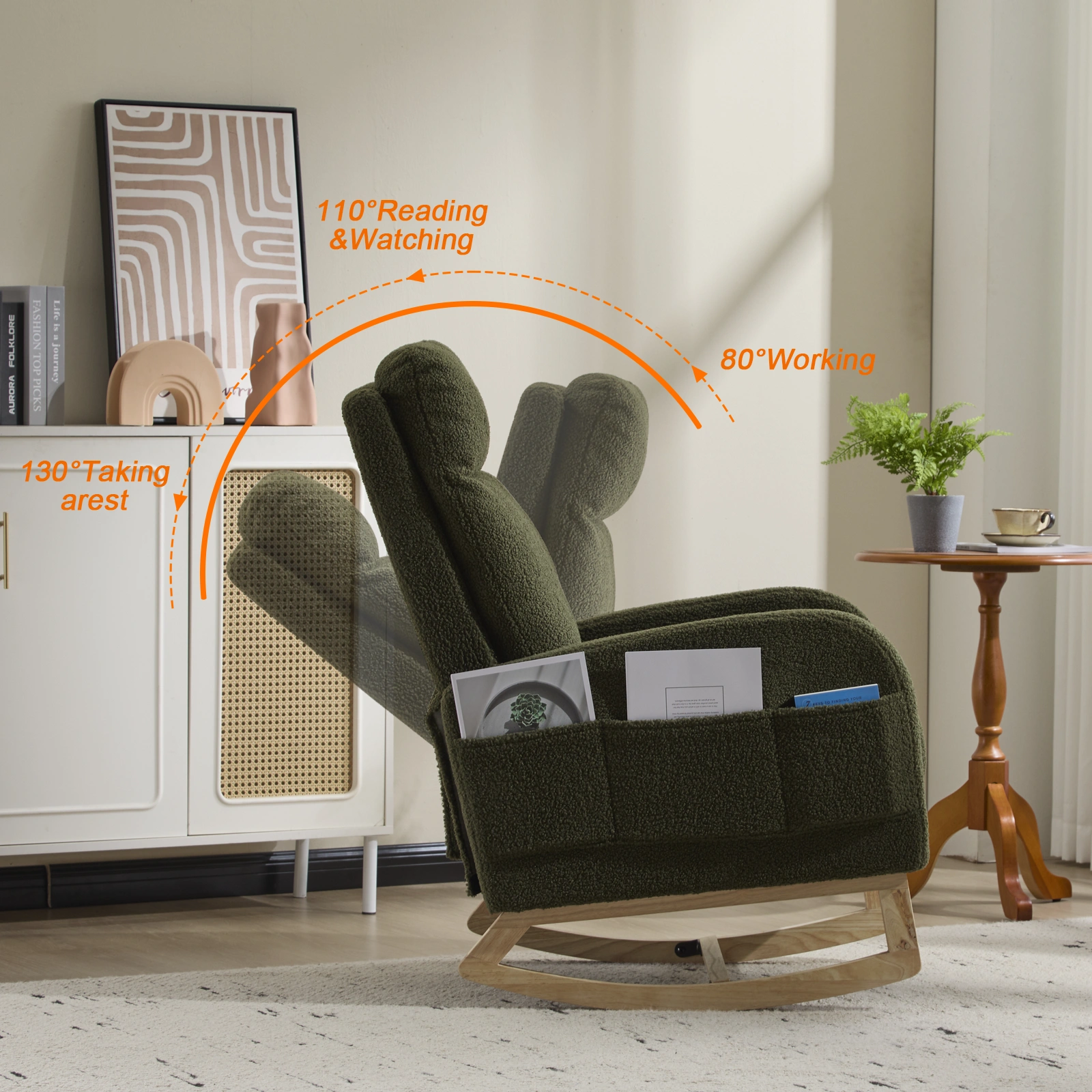 Modern Rocking Chair with Solid Wood Legs, Dark Green Teddy Upholstered Glider Rocker, High Back Armchair with Side Pocket for Nursery Living Room view 7