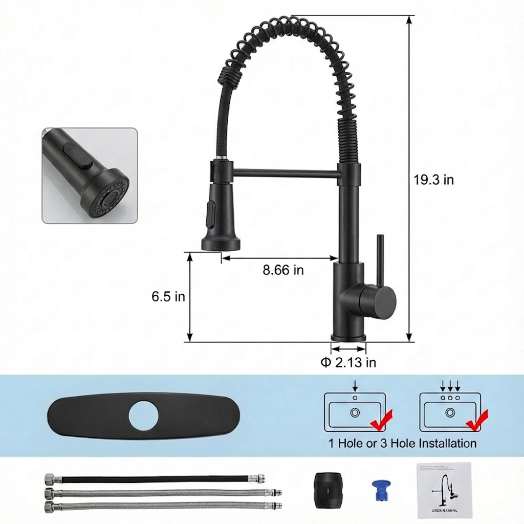 Industrial Kitchen Faucet Pull Down Sprayer 1 Handle Sink Tap 1 or 3 Hole Farmhouse RV Camper Laundry Wet Bar Utility Sink view 10