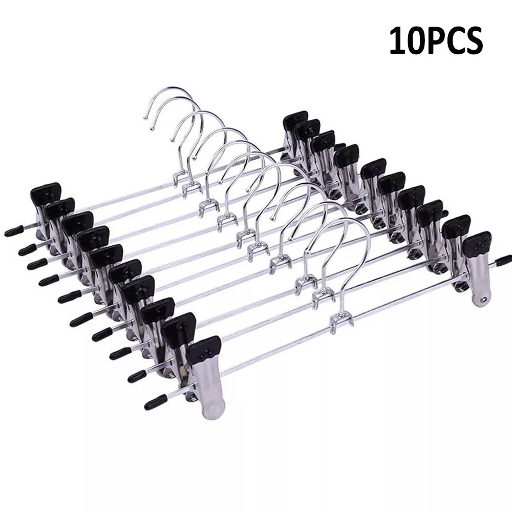10Pcs Chrome Metal Hanger Clips Strong Coat Trouser Skirt Clothes Rail Hook
