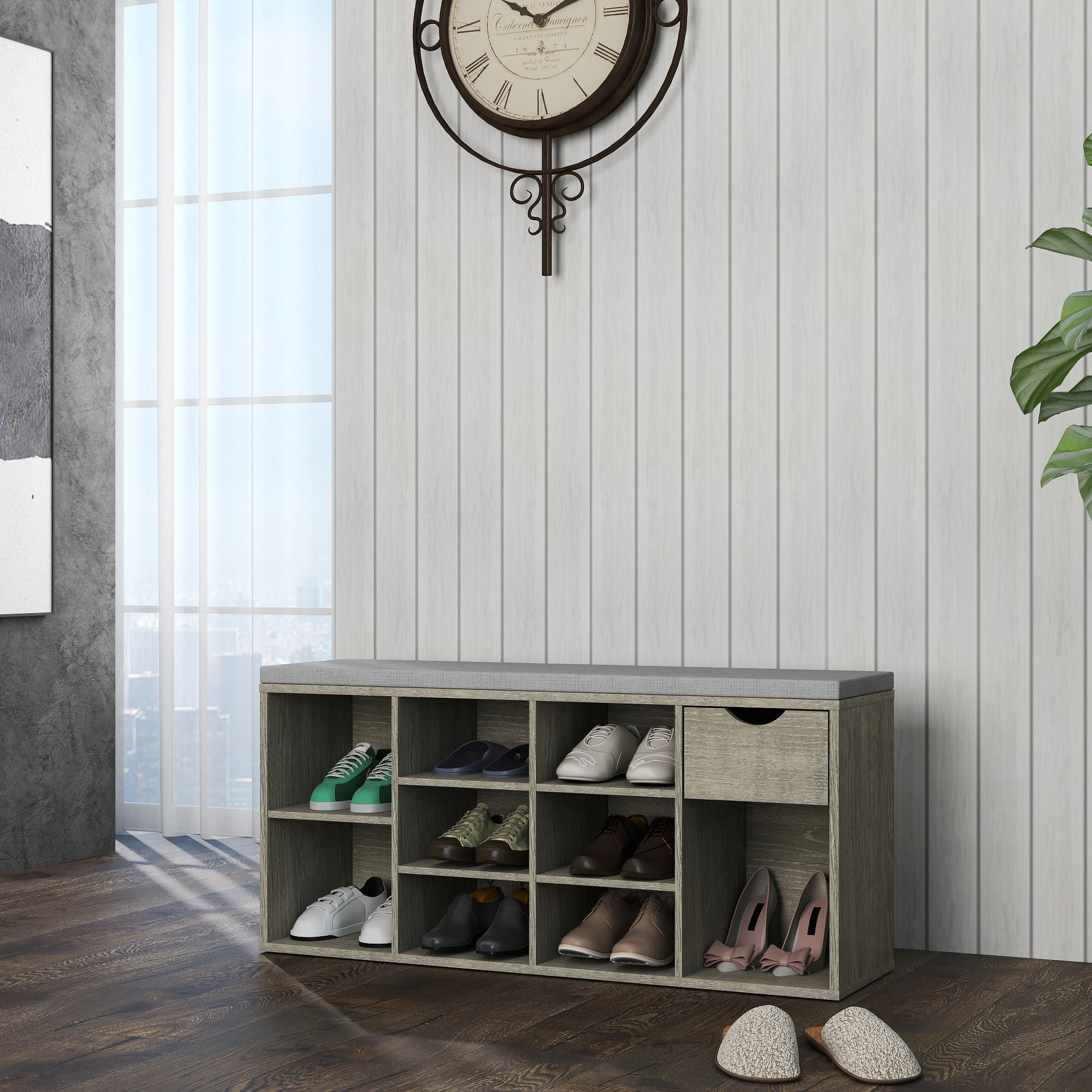 Entryway Storage Bench with Padded Cushion, Shoe Bench with Drawer & 3 Tier Open Compartments, Hallway Shoe Storage Organizer view 11