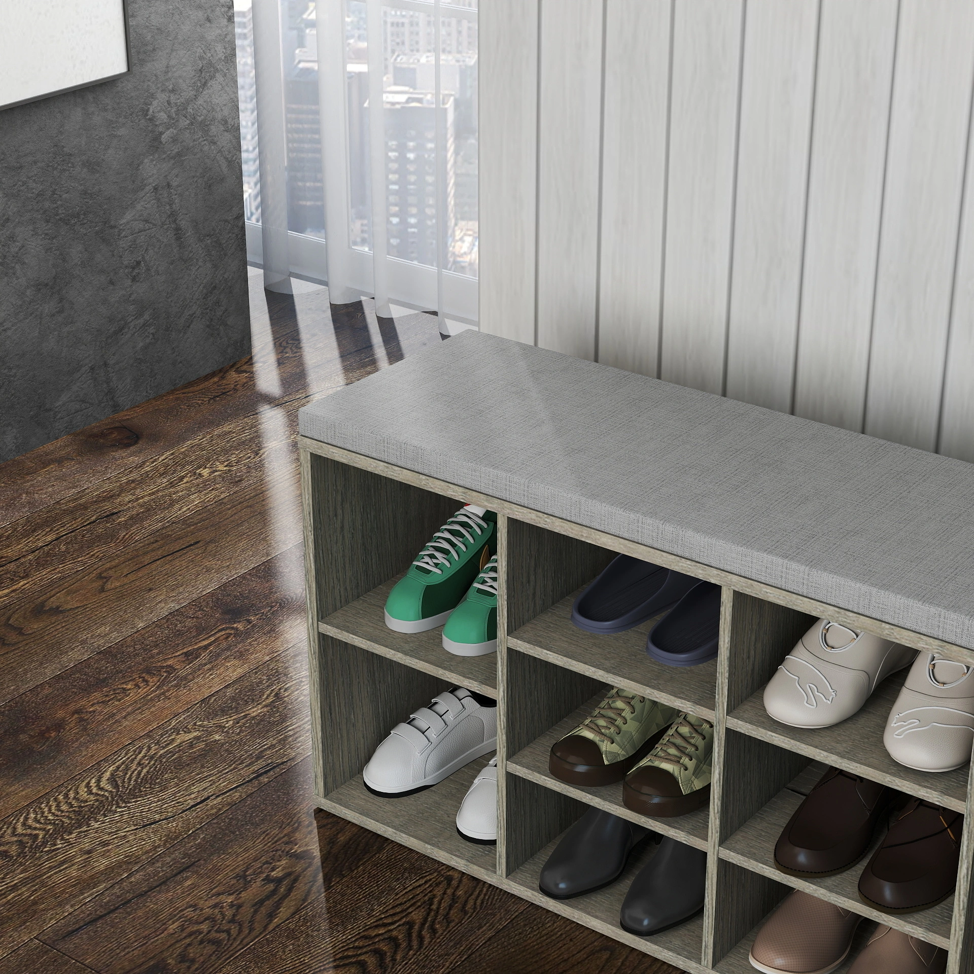 Entryway Storage Bench with Padded Cushion, Shoe Bench with Drawer & 3 Tier Open Compartments, Hallway Shoe Storage Organizer view 12