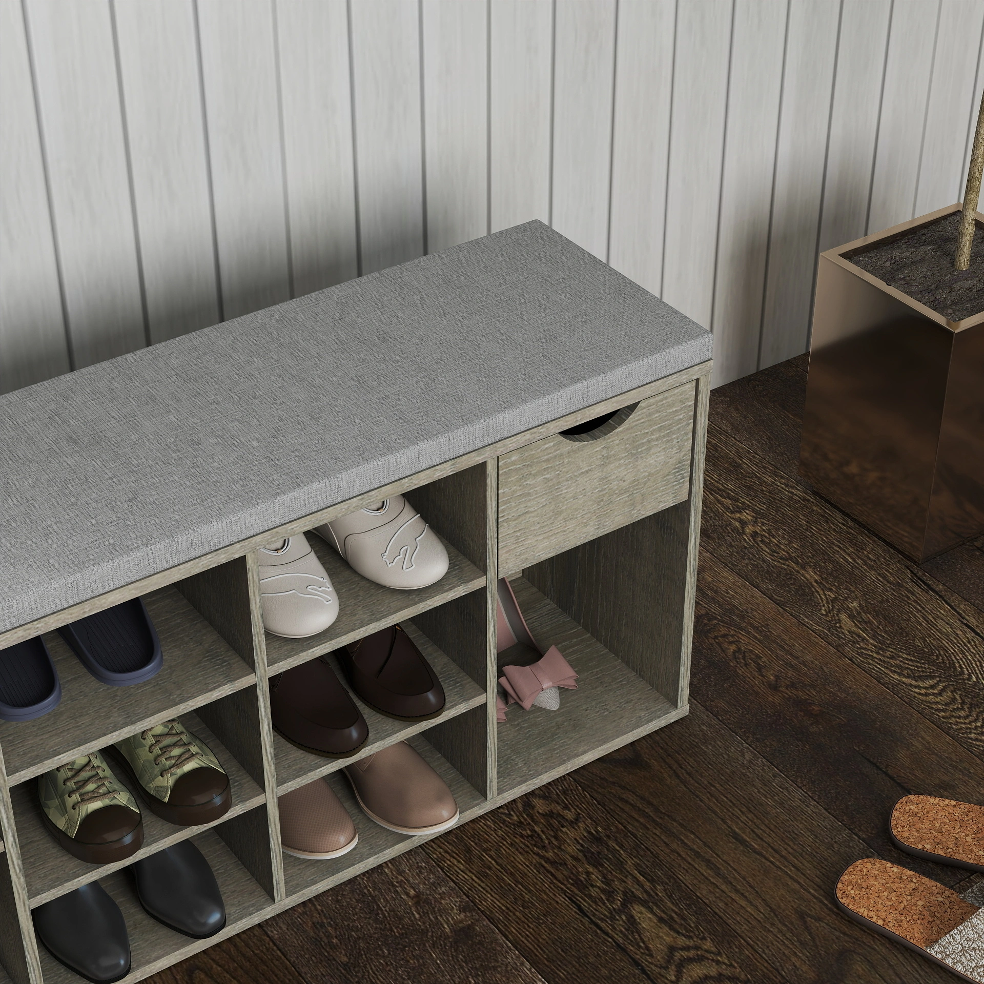 Entryway Storage Bench with Padded Cushion, Shoe Bench with Drawer & 3 Tier Open Compartments, Hallway Shoe Storage Organizer view 6