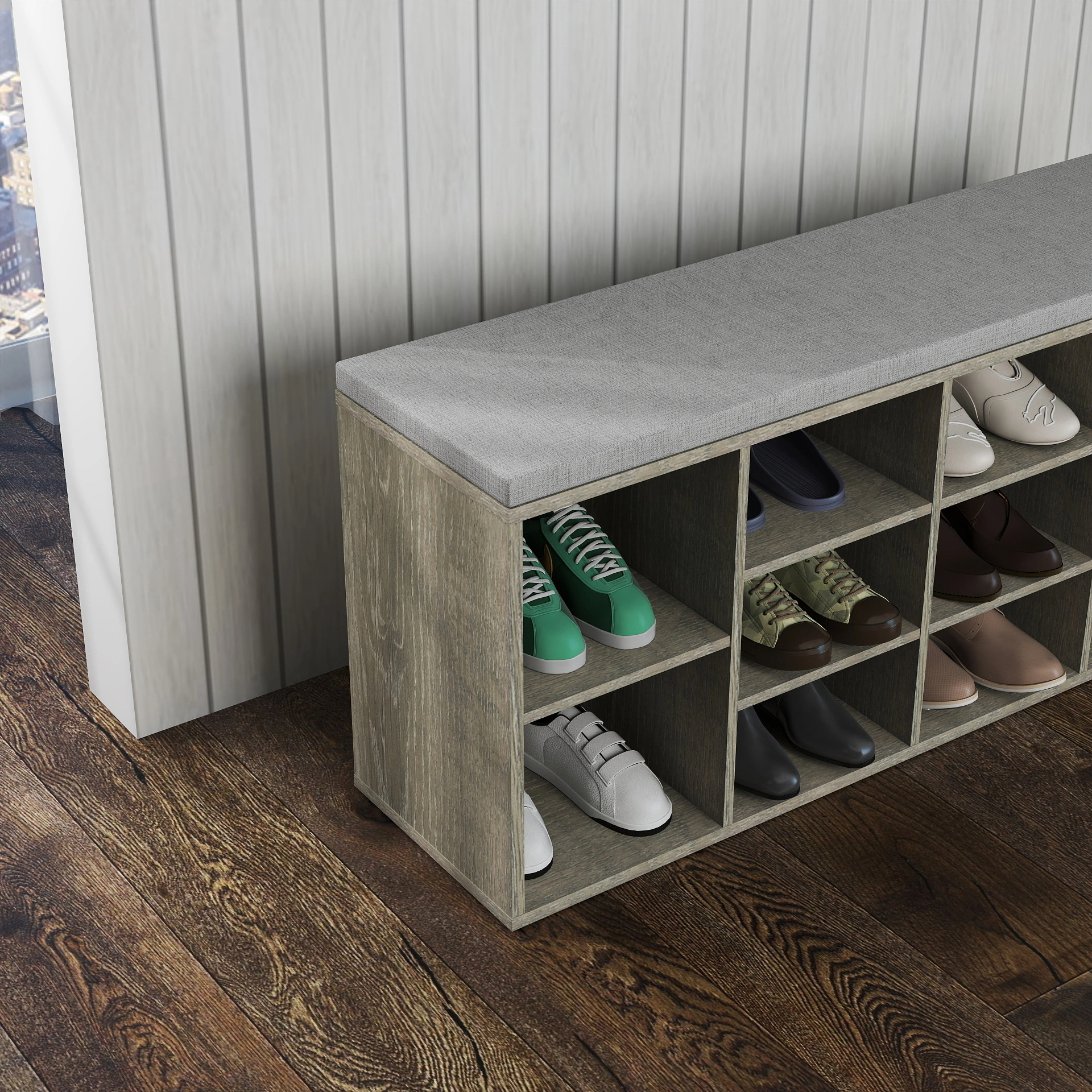 Entryway Storage Bench with Padded Cushion, Shoe Bench with Drawer & 3 Tier Open Compartments, Hallway Shoe Storage Organizer view 7
