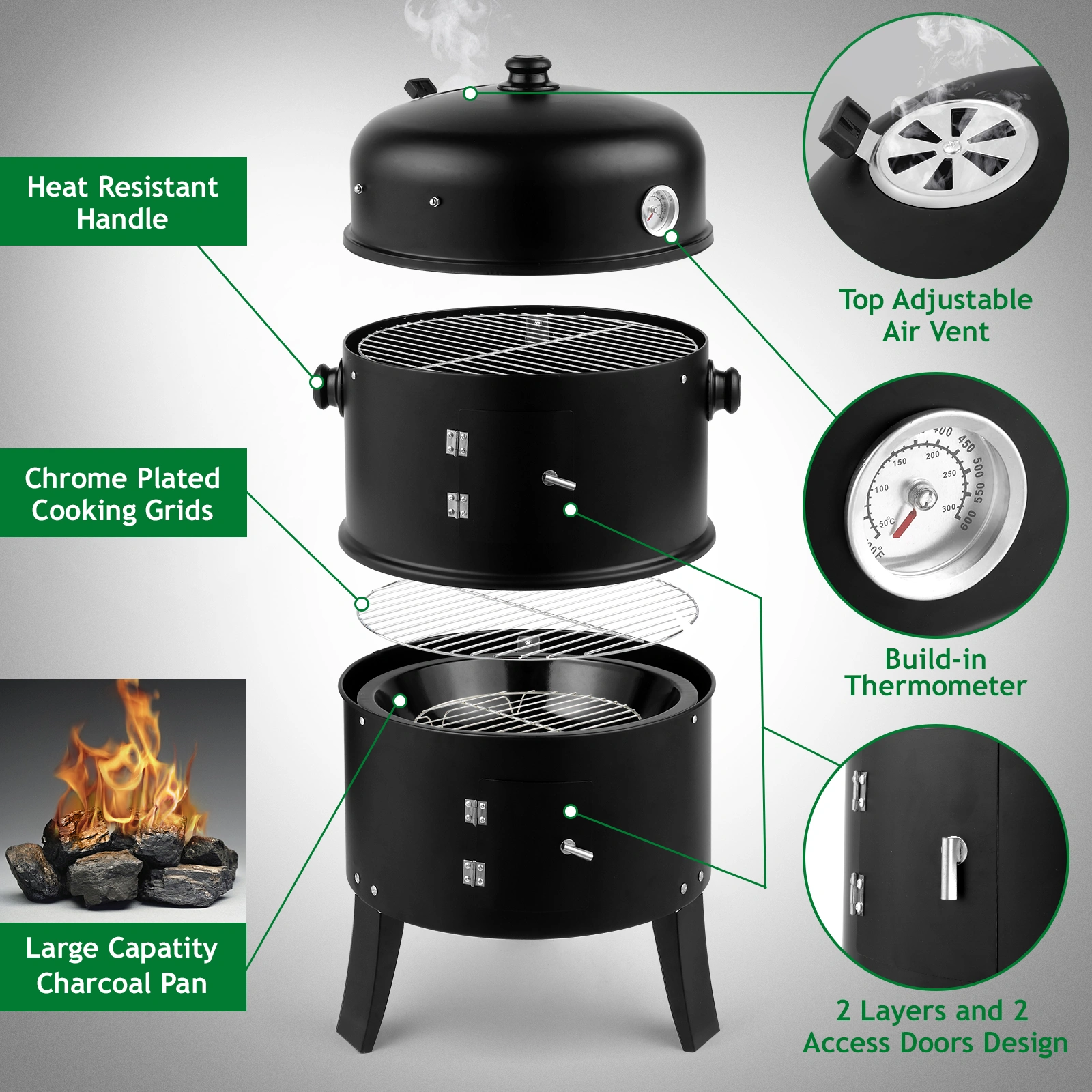 80*41*48cm Iron Spray Smoker Carbon Grill Black view 23