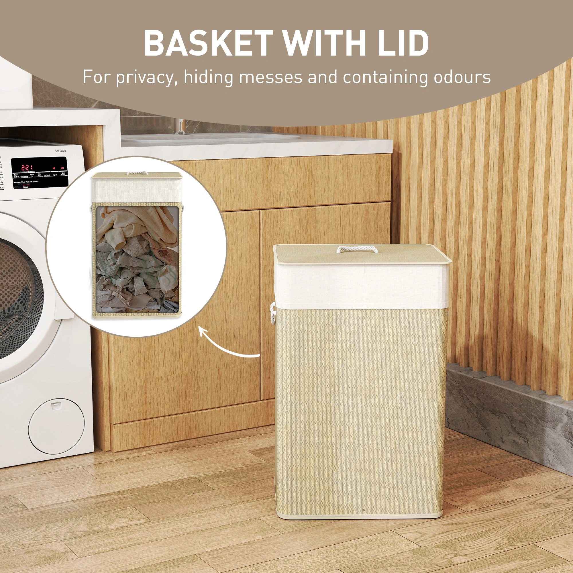 Laundry Hamper Cabinet - Tri-Fold Storage Cupboard, Decorative Hidden Washing Basket Organizer view 4