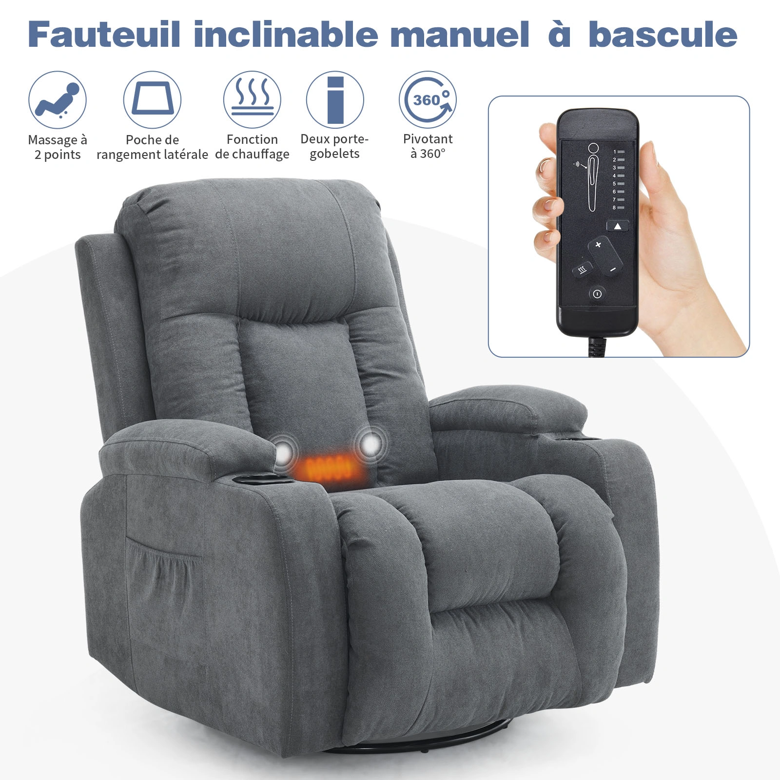 1pc Dark Gray Fabric Rocking Recliner, Manual Rotating Reclining Function Chair with 2-Point Massage & Heating, 120kg, Indoor