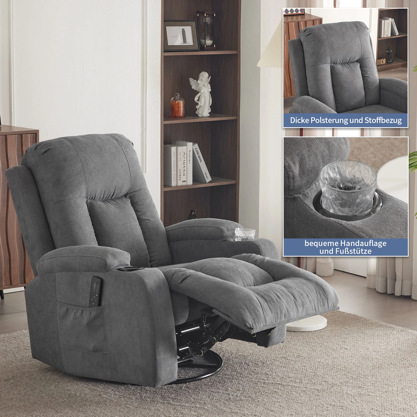 1pc Dark Gray Fabric Rocking Recliner, Manual Rotating Reclining Function Chair with 2-Point Massage & Heating, 120kg, Indoor view 3