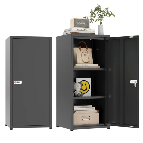 34.6"H Metal Locker Storage Cabinet with Lock, Small Lockable Employees Locker with Adjustable Shelf & Feet, Steel Single Door Lockable Cabinet for Home, School, Office, Gym (Black)