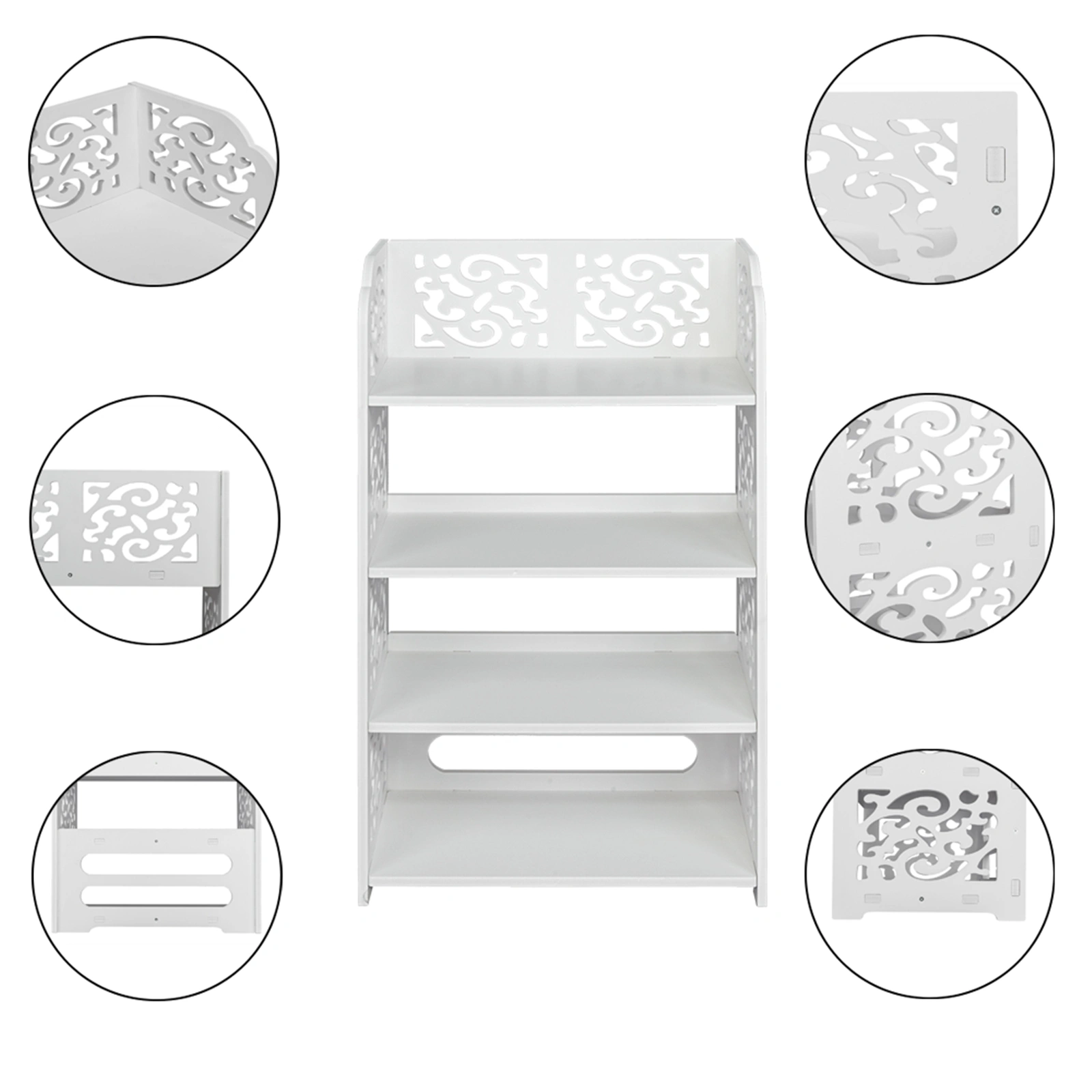 White Wood-Plastic 4-Tier Carved Shoe Rack, Multi-Layer Entryway Organizer Stand, Freestanding Storage Shelf view 10