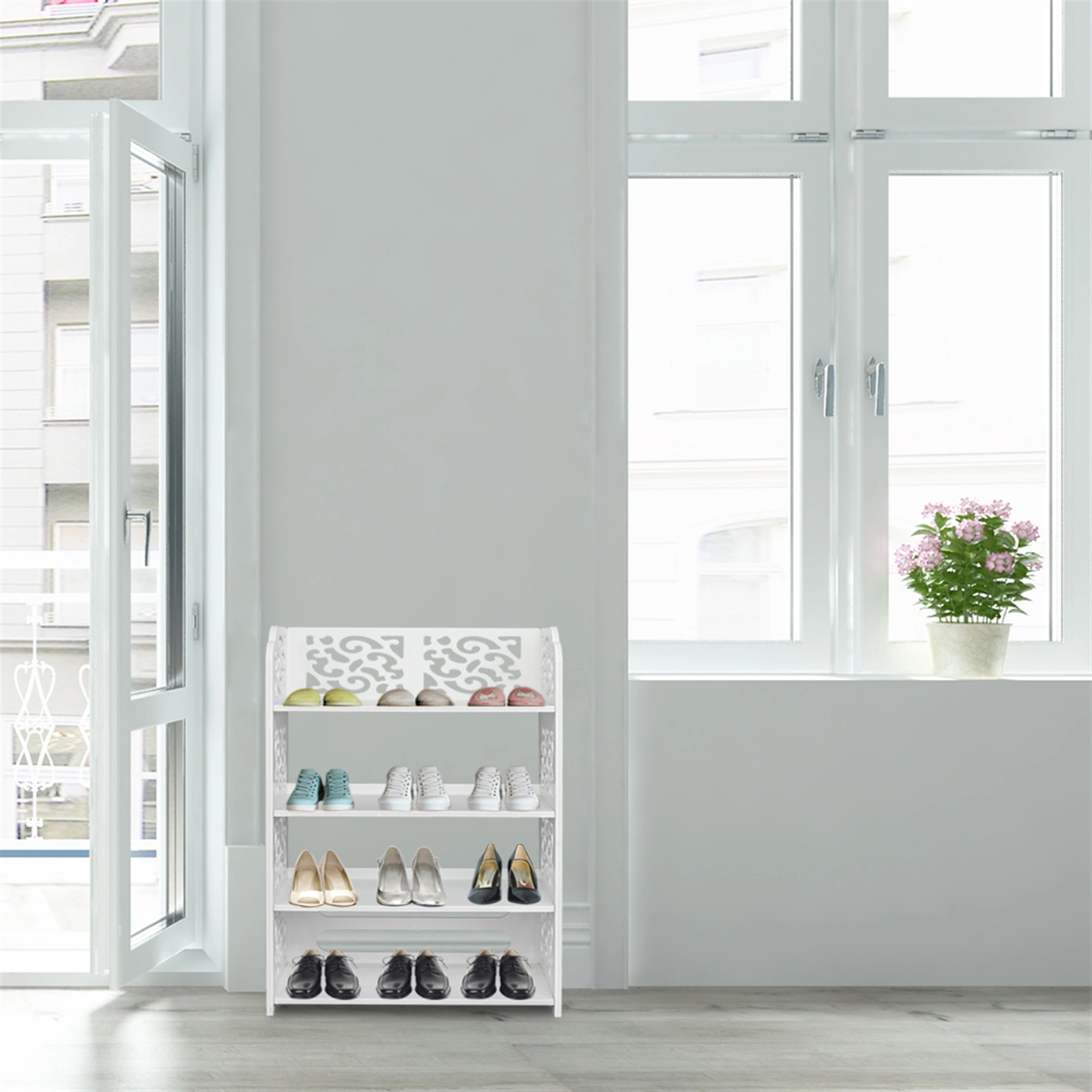 White Wood-Plastic 4-Tier Carved Shoe Rack, Multi-Layer Entryway Organizer Stand, Freestanding Storage Shelf view 11