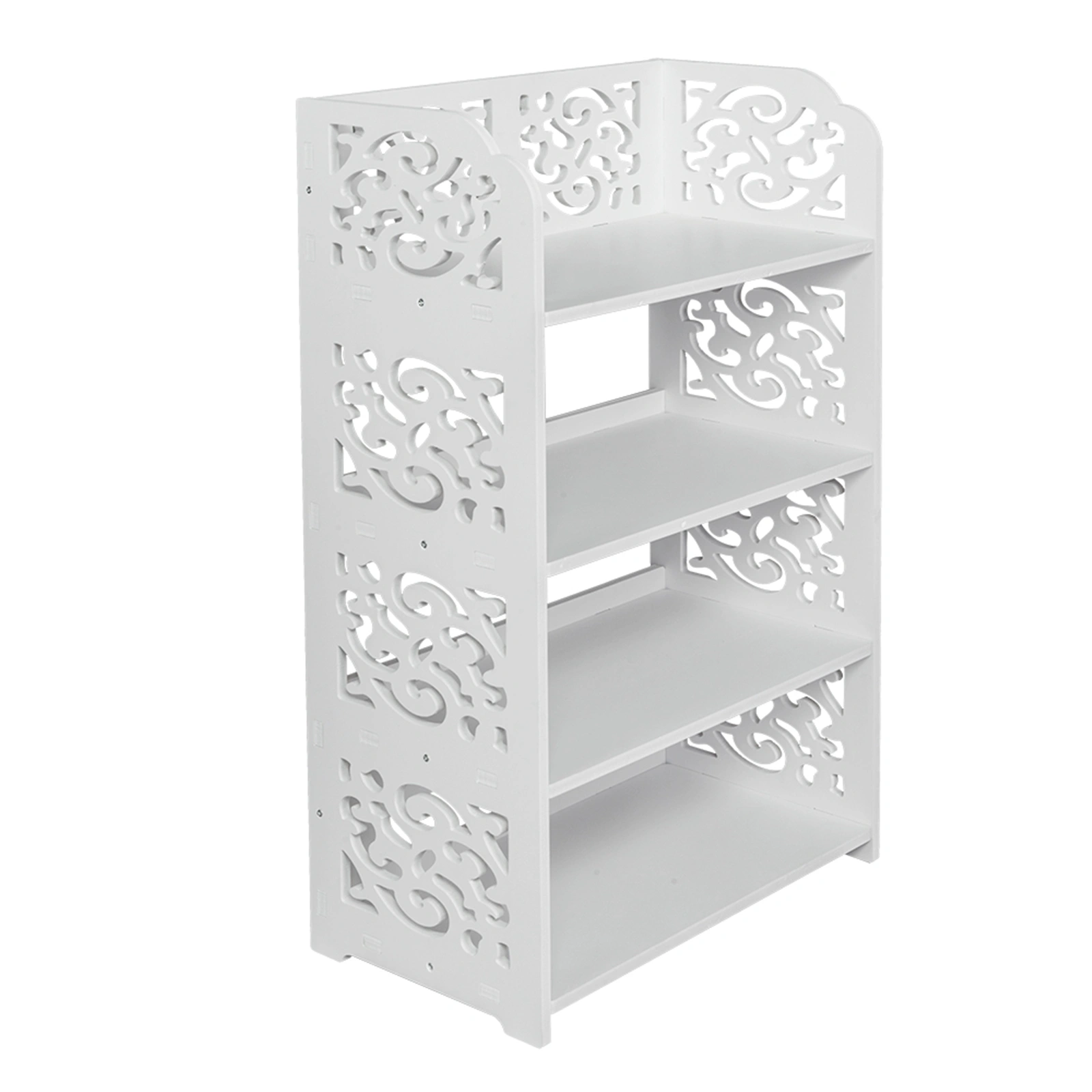 White Wood-Plastic 4-Tier Carved Shoe Rack, Multi-Layer Entryway Organizer Stand, Freestanding Storage Shelf view 17