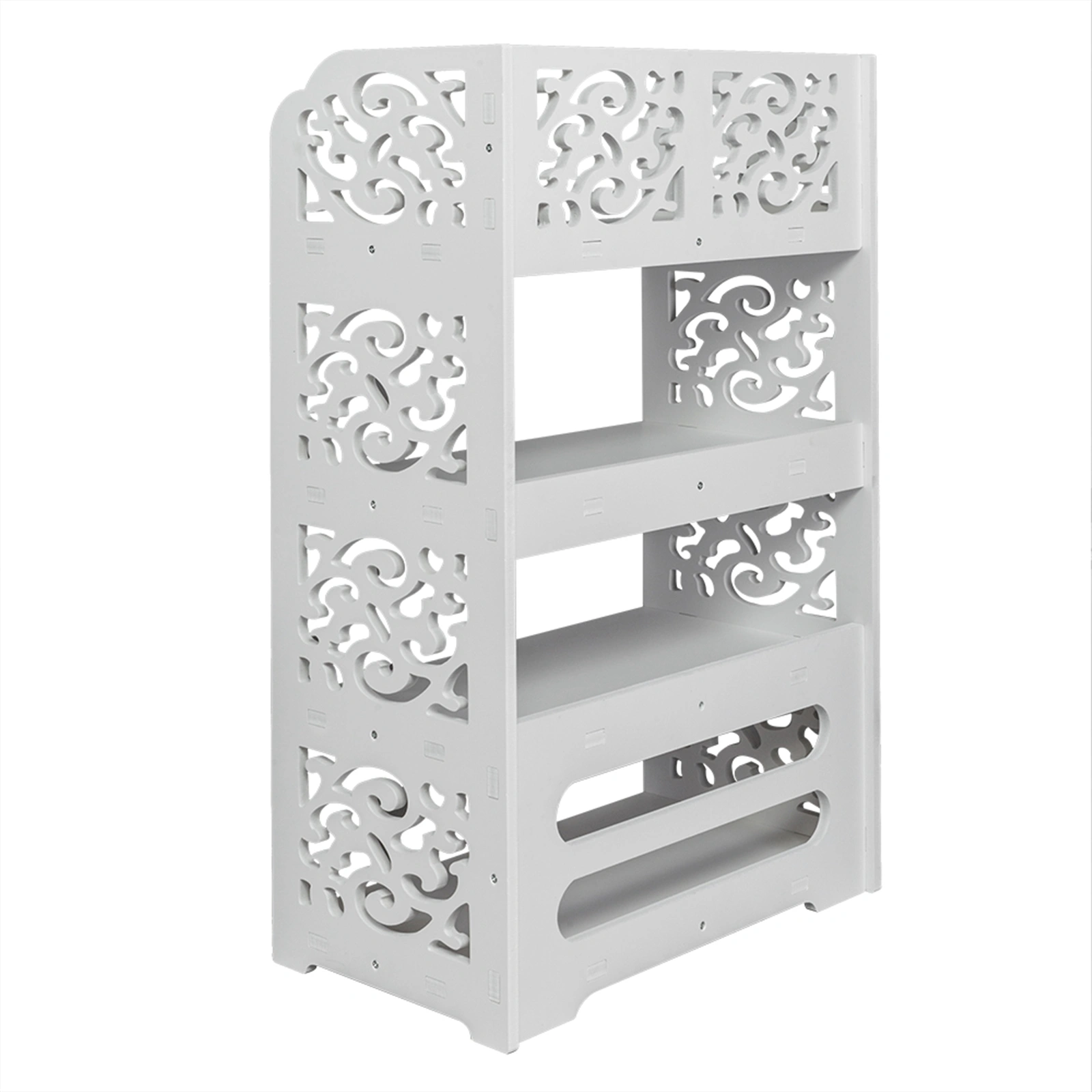 White Wood-Plastic 4-Tier Carved Shoe Rack, Multi-Layer Entryway Organizer Stand, Freestanding Storage Shelf view 18