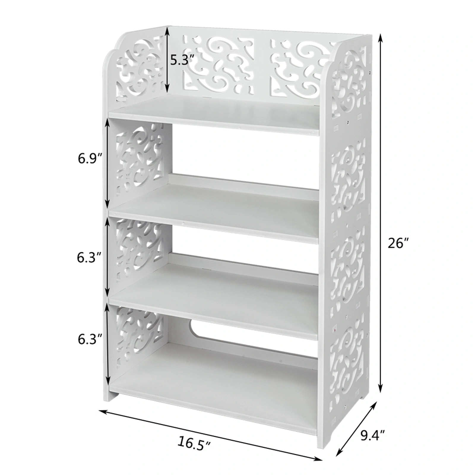 White Wood-Plastic 4-Tier Carved Shoe Rack, Multi-Layer Entryway Organizer Stand, Freestanding Storage Shelf view 8