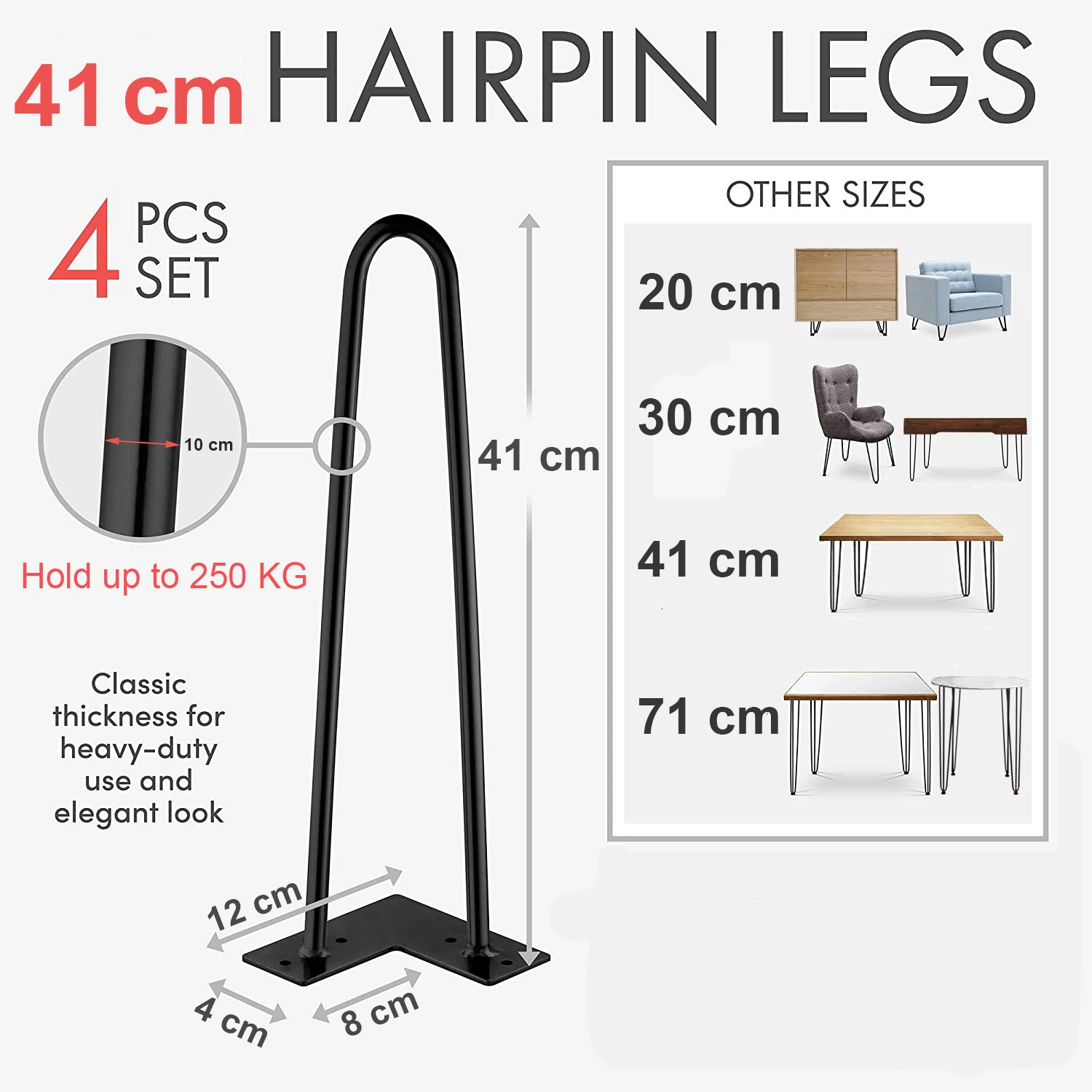 Hairpin Table Legs DIY Kit with 2 Sizes Screws and 4 Floor Protectors - Metal Furniture Legs view 2