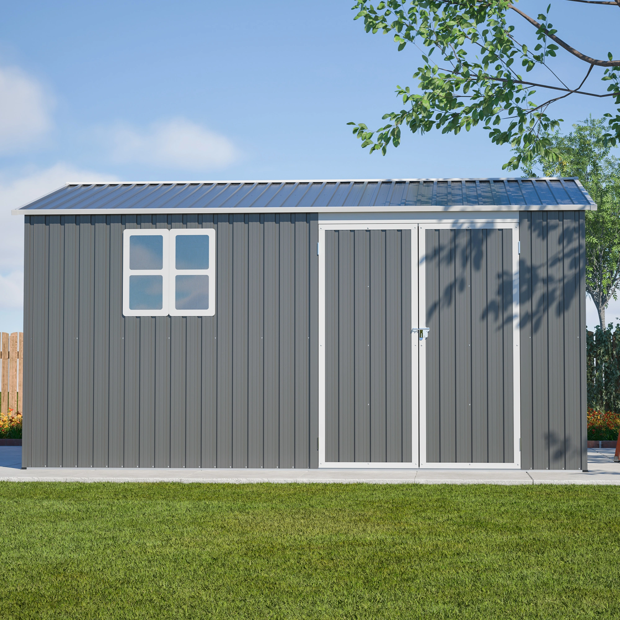 12x10 FT Heavy Duty Metal Storage Shed, Outdoor Garden Tool Shed with Windows & Lock, Waterproof UV Protection, 4 Air Vents, Floor Frame Included, Patio Shed for Bike & Tools