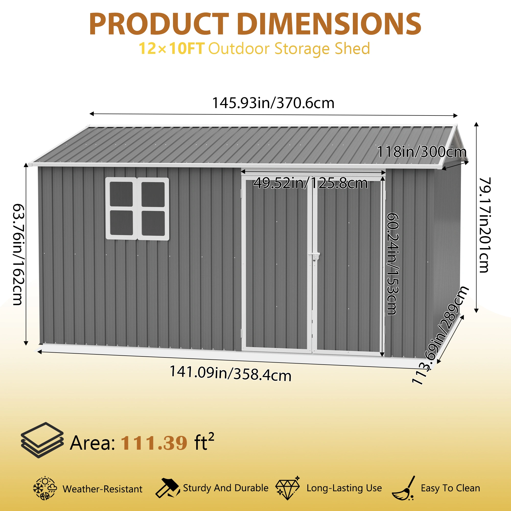 12x10 FT Heavy Duty Metal Storage Shed, Outdoor Garden Tool Shed with Windows & Lock, Waterproof UV Protection, 4 Air Vents, Floor Frame Included, Patio Shed for Bike & Tools view 2