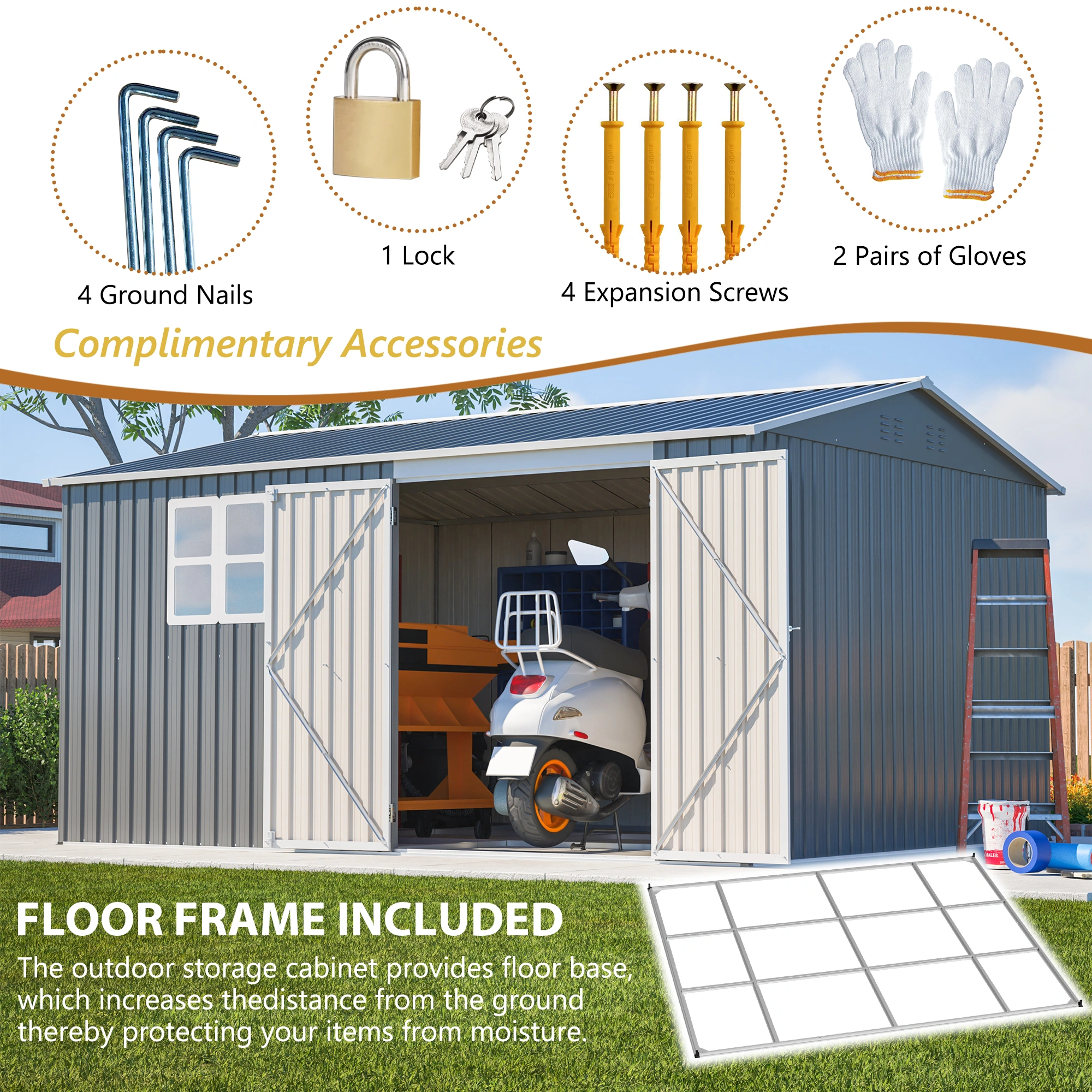 12x10 FT Heavy Duty Metal Storage Shed, Outdoor Garden Tool Shed with Windows & Lock, Waterproof UV Protection, 4 Air Vents, Floor Frame Included, Patio Shed for Bike & Tools view 3
