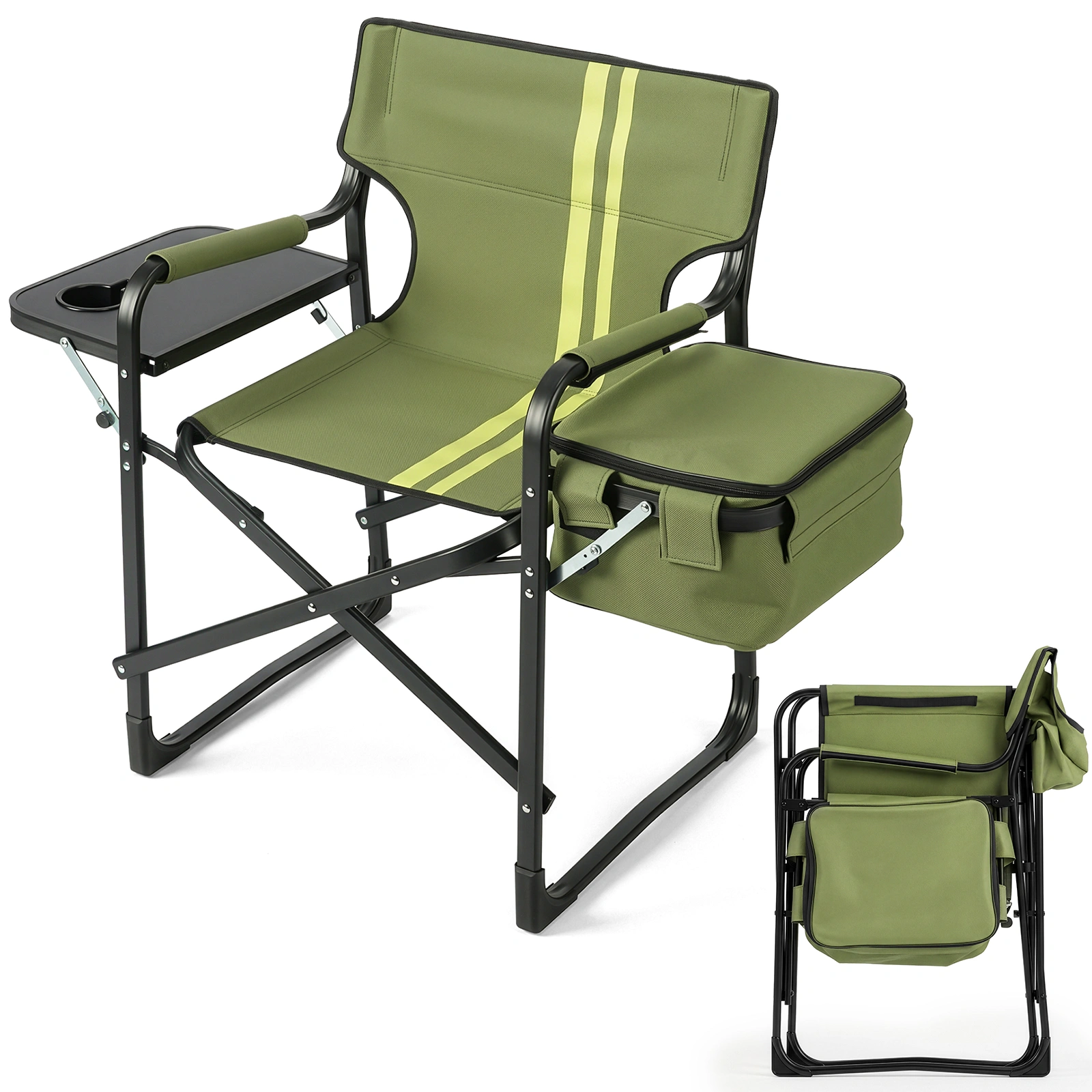 46.46" x 20.87" x 33.46" Folding Camping Chair with Side Table & Insulated Cooler Bag, Spray-Coated Aluminum Frame, Army Green with Double Light Yellow Vertical Stripes, 265 lbs Capacity Foldable Outdoor Chair for Camping Beach Fishing Picnic