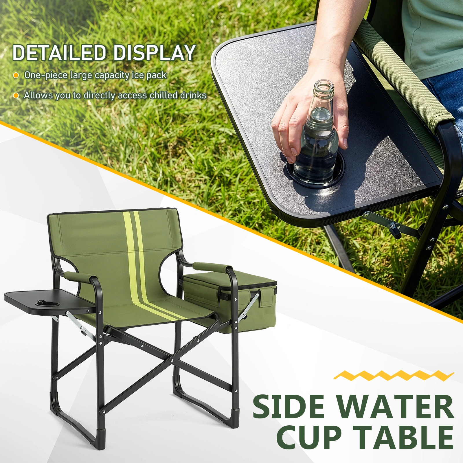 46.46" x 20.87" x 33.46" Folding Camping Chair with Side Table & Insulated Cooler Bag, Spray-Coated Aluminum Frame, Army Green with Double Light Yellow Vertical Stripes, 265 lbs Capacity Foldable Outdoor Chair for Camping Beach Fishing Picnic view 10