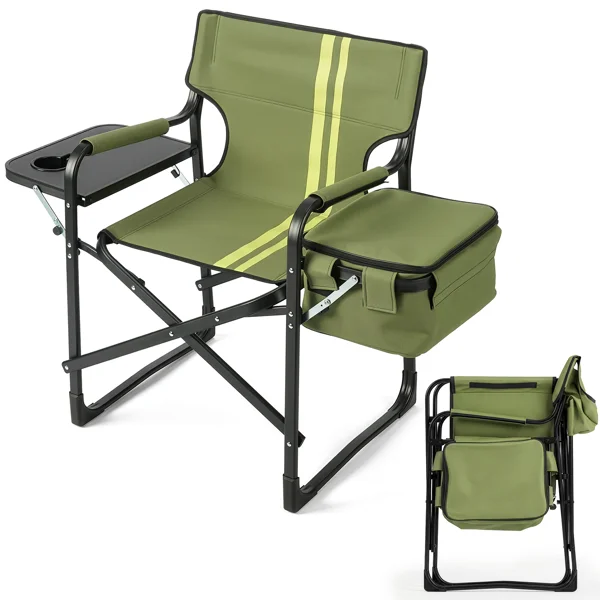 46.46" x 20.87" x 33.46" Folding Camping Chair with Side Table & Insulated Cooler Bag, Spray-Coated Aluminum Frame, Army Green with Double Light Yellow Vertical Stripes, 265 lbs Capacity Foldable Outdoor Chair for Camping Beach Fishing Picnic