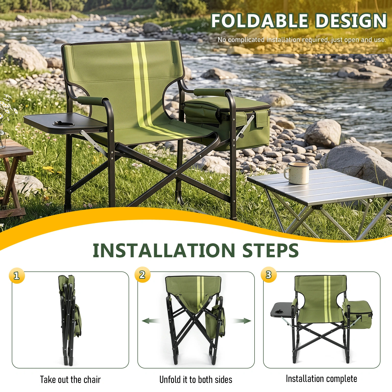 46.46" x 20.87" x 33.46" Folding Camping Chair with Side Table & Insulated Cooler Bag, Spray-Coated Aluminum Frame, Army Green with Double Light Yellow Vertical Stripes, 265 lbs Capacity Foldable Outdoor Chair for Camping Beach Fishing Picnic view 9