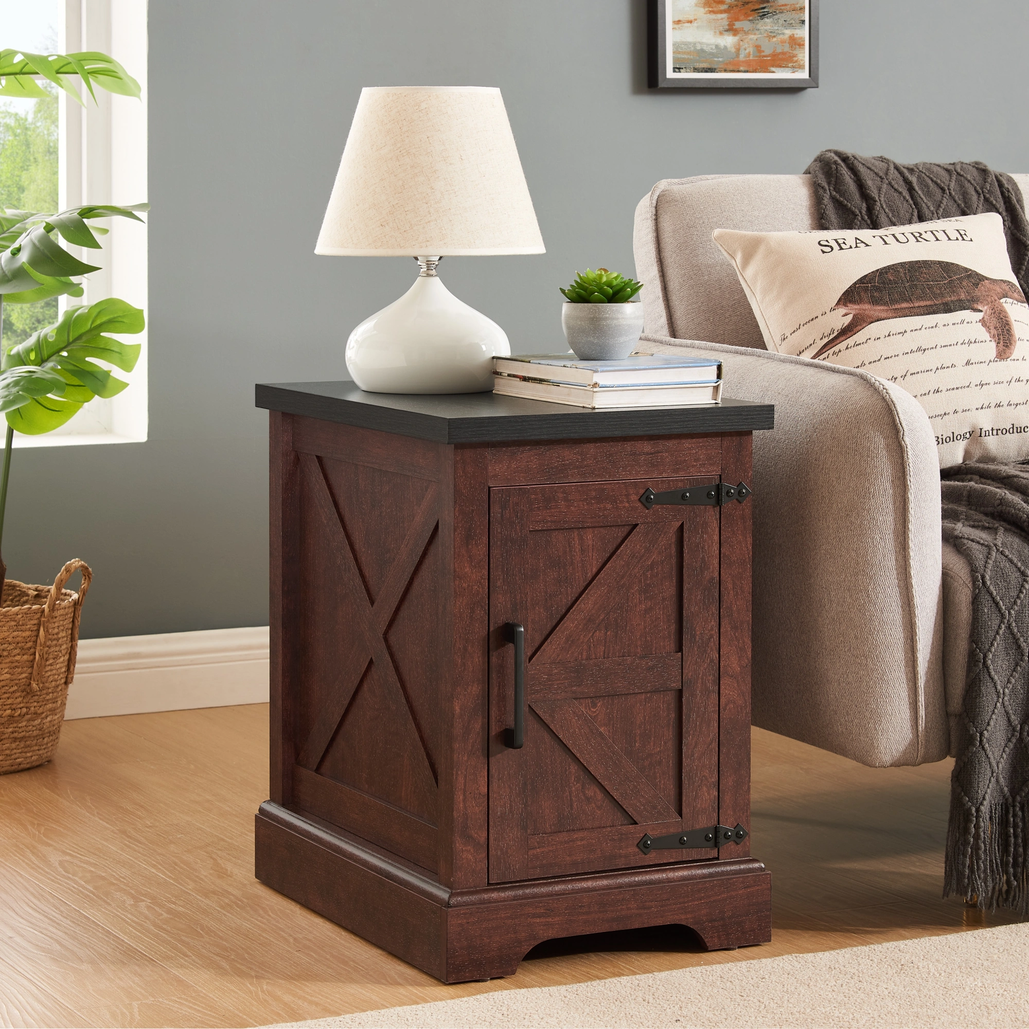Farmhouse End Table with Barn Door, Rectangular Nightstand Adjustable Shelf, Rustic Oak Side view 3