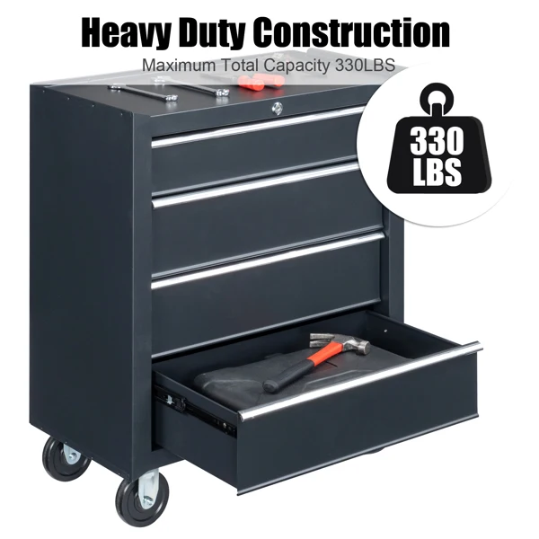 Single-bottom cabinet 4-draw, steel, black 330lb instrument cart, storage room view 4