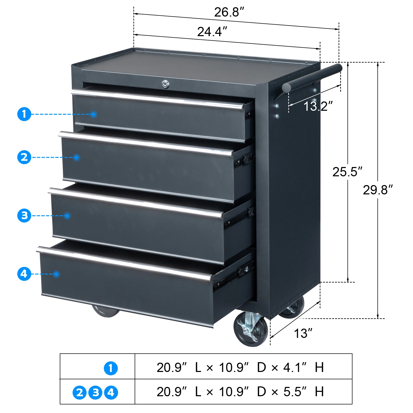 Single-bottom cabinet 4-draw, steel, black 330lb instrument cart, storage room view 13