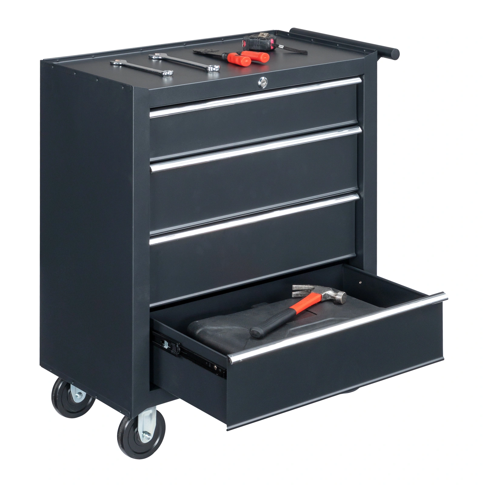 Single-bottom cabinet 4-draw, steel, black 330lb instrument cart, storage room view 21