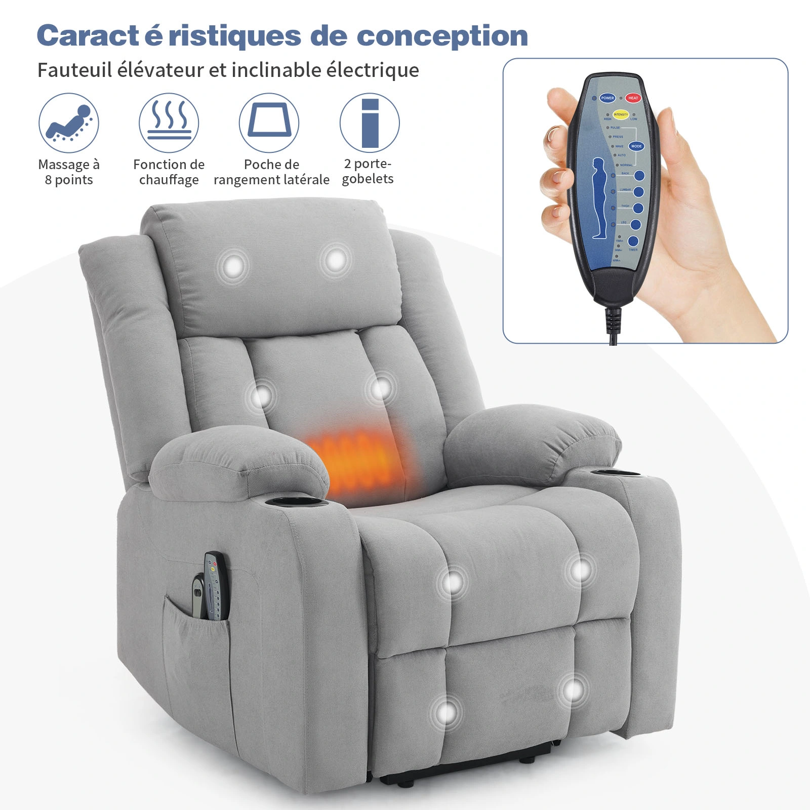 1pc Gray Fabric Electric Recliner Chair 8-Point Massage Heating 120kg Functional Elderly Chair view 3