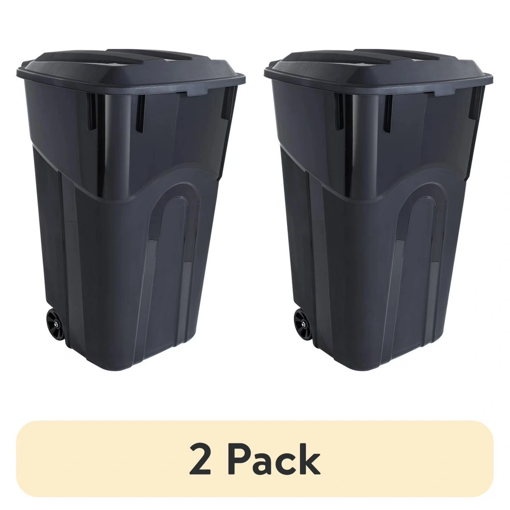(2 pack)32 Gallon Wheeled Heavy Duty Plastic Garbage Can, Attached Lid, Black