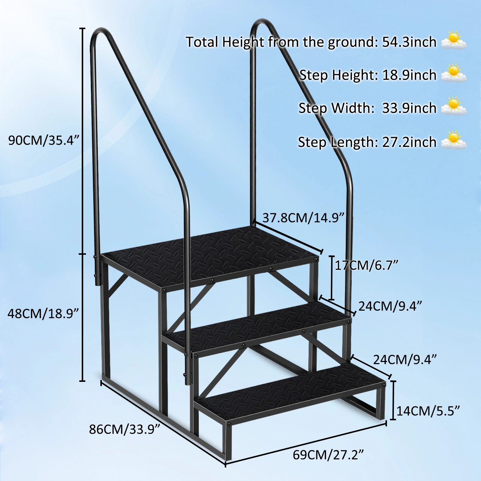 3 Step Pool Ladder with Handrail, Above Ground Swimming Pool Steps, 660 lb Load, Anti-Slip Panel, RV & Mobile Home Stairs view 2