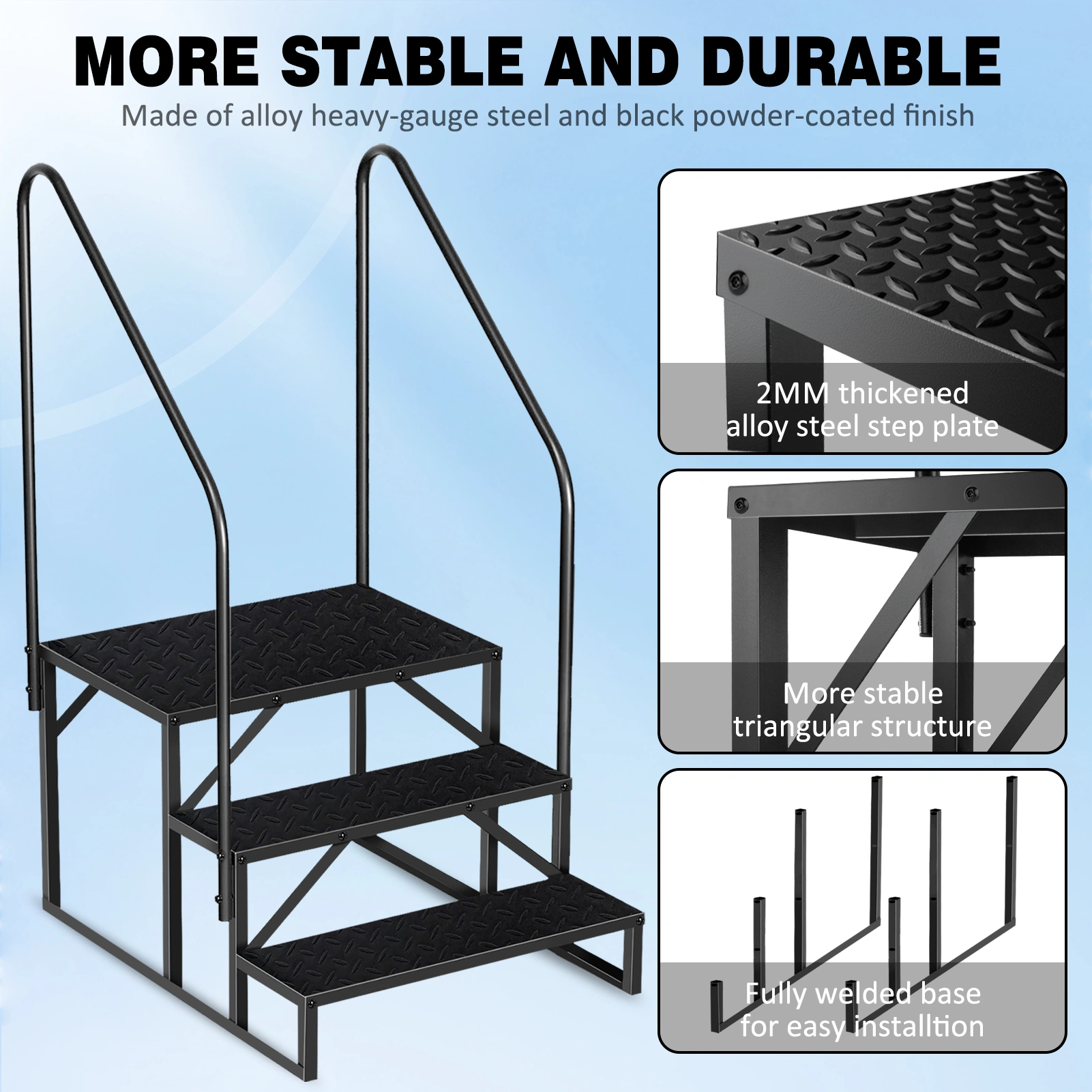 3 Step Pool Ladder with Handrail, Above Ground Swimming Pool Steps, 660 lb Load, Anti-Slip Panel, RV & Mobile Home Stairs view 4