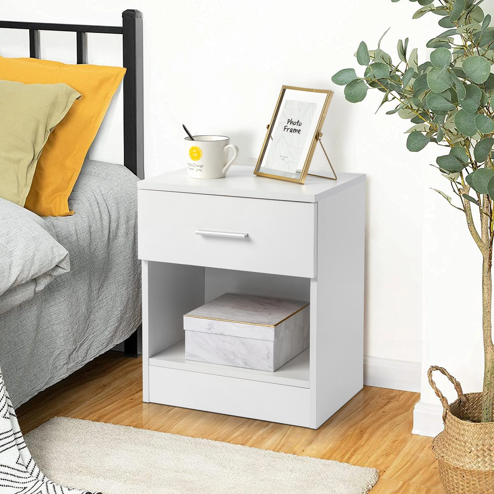 2-Tier Nightstand Bedside Table with Storage Shelf, White End Table for Bedroom, Home Office, Living Room
