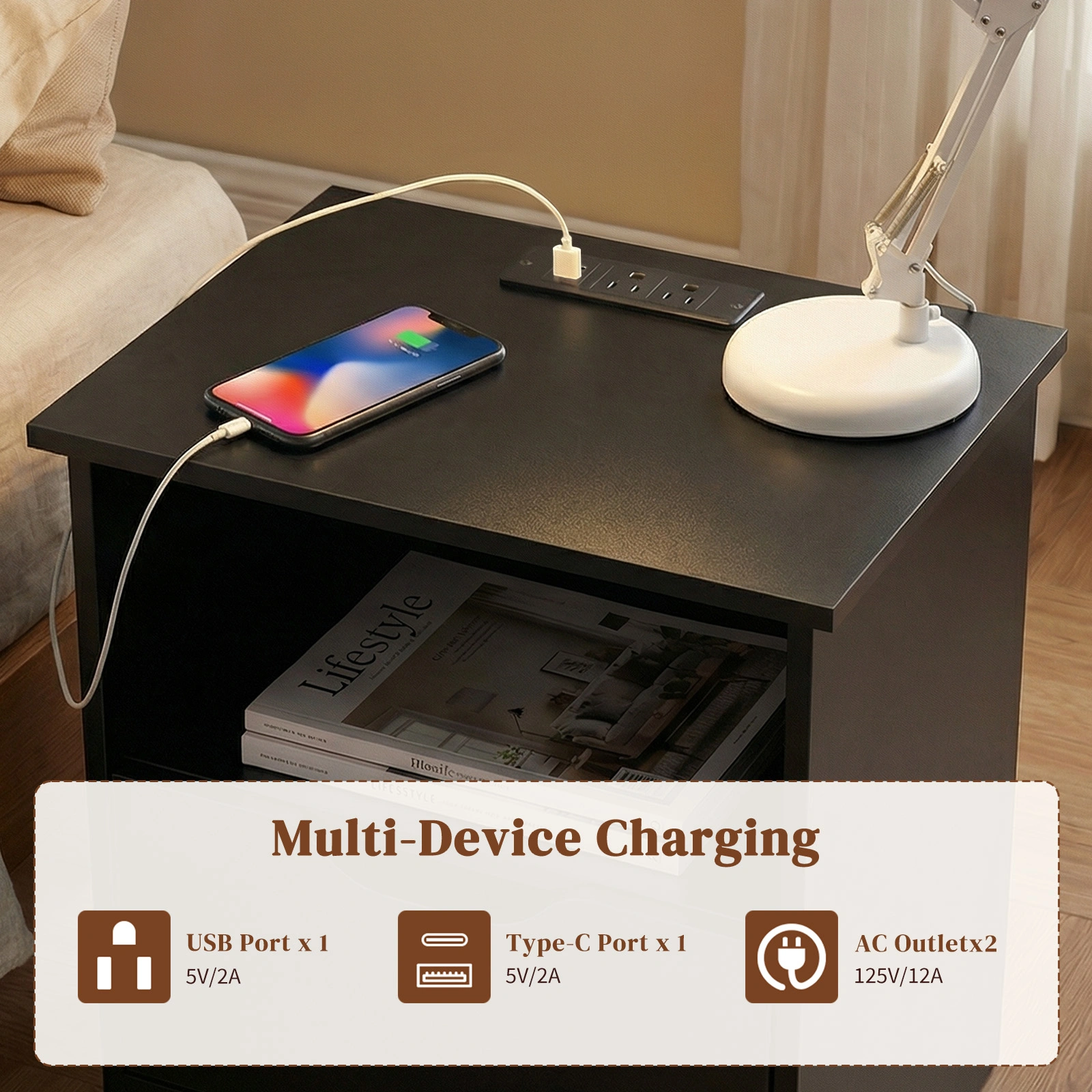 Black Bedside Table, 40x30x60cm, P2 Particleboard Melamine Linen Texture, Handleless, 2 Drawers with Upper Compartment, EU Power Outlet, 1PC view 2