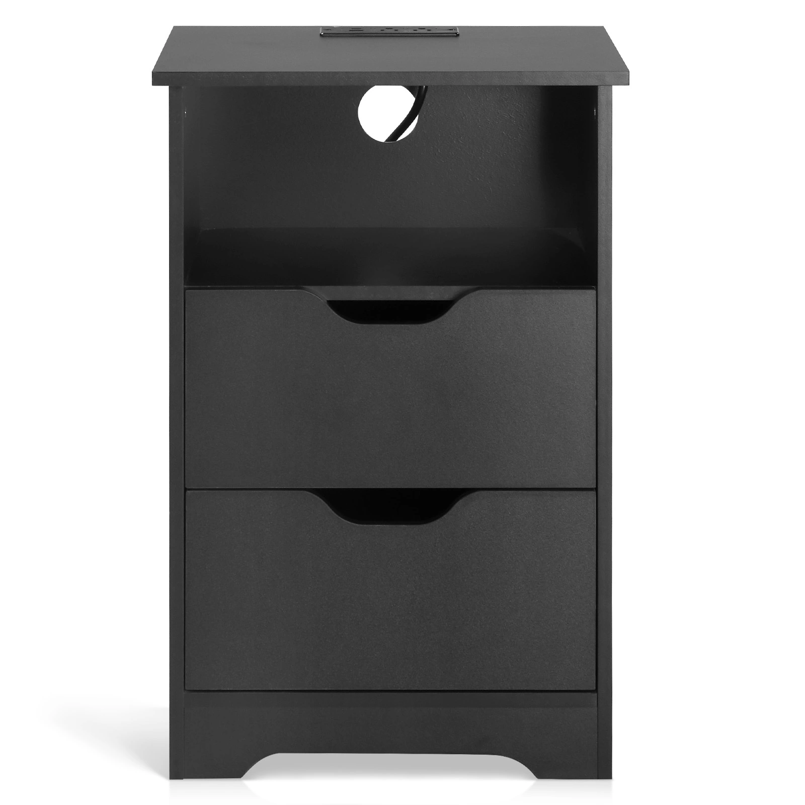 Black Bedside Table, 40x30x60cm, P2 Particleboard Melamine Linen Texture, Handleless, 2 Drawers with Upper Compartment, EU Power Outlet, 1PC view 3