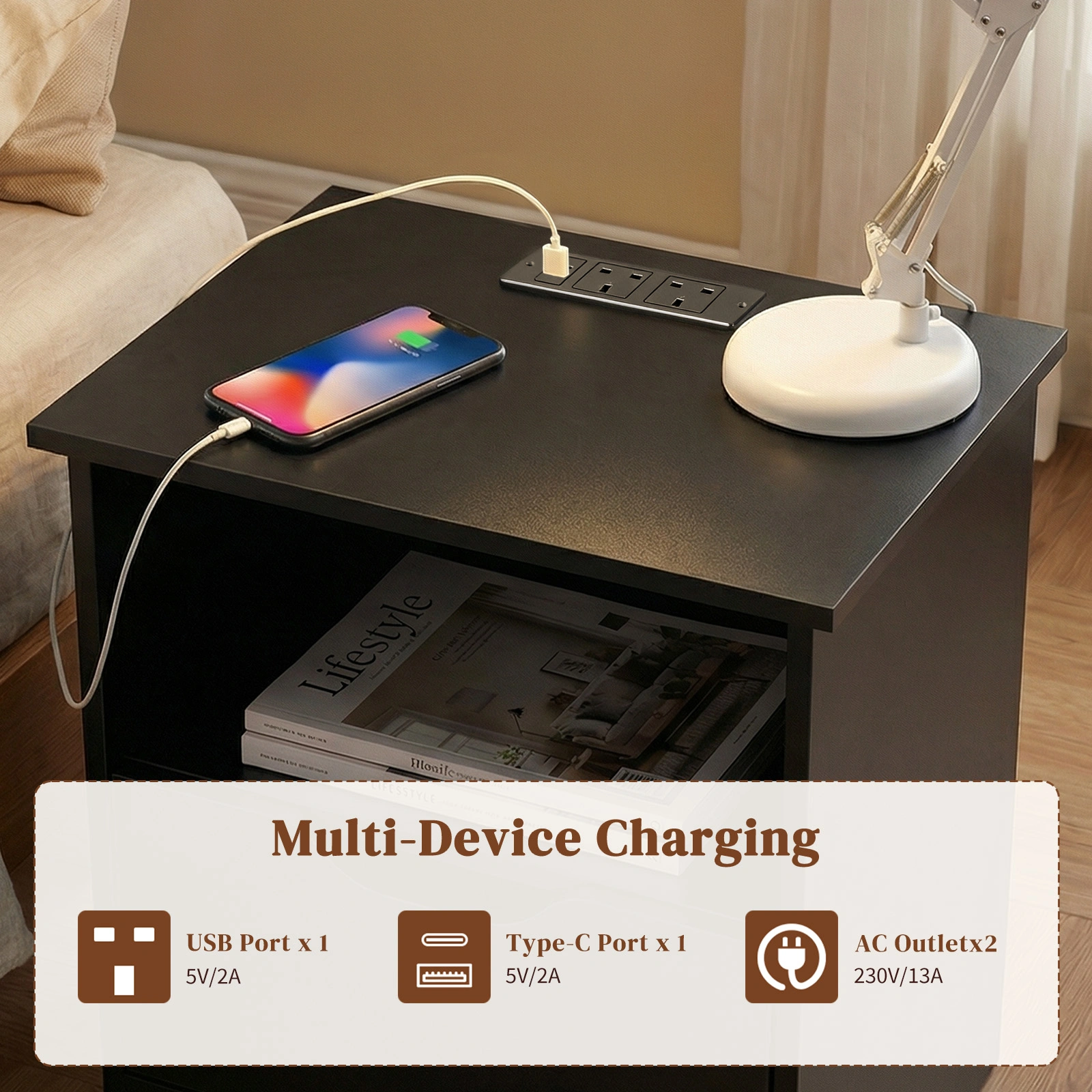 Black Bedside Table, 40x30x60cm, P2 Particleboard Melamine Linen Texture, Handleless, 2 Drawers with Upper Compartment, EU Power Outlet, 1PC view 4