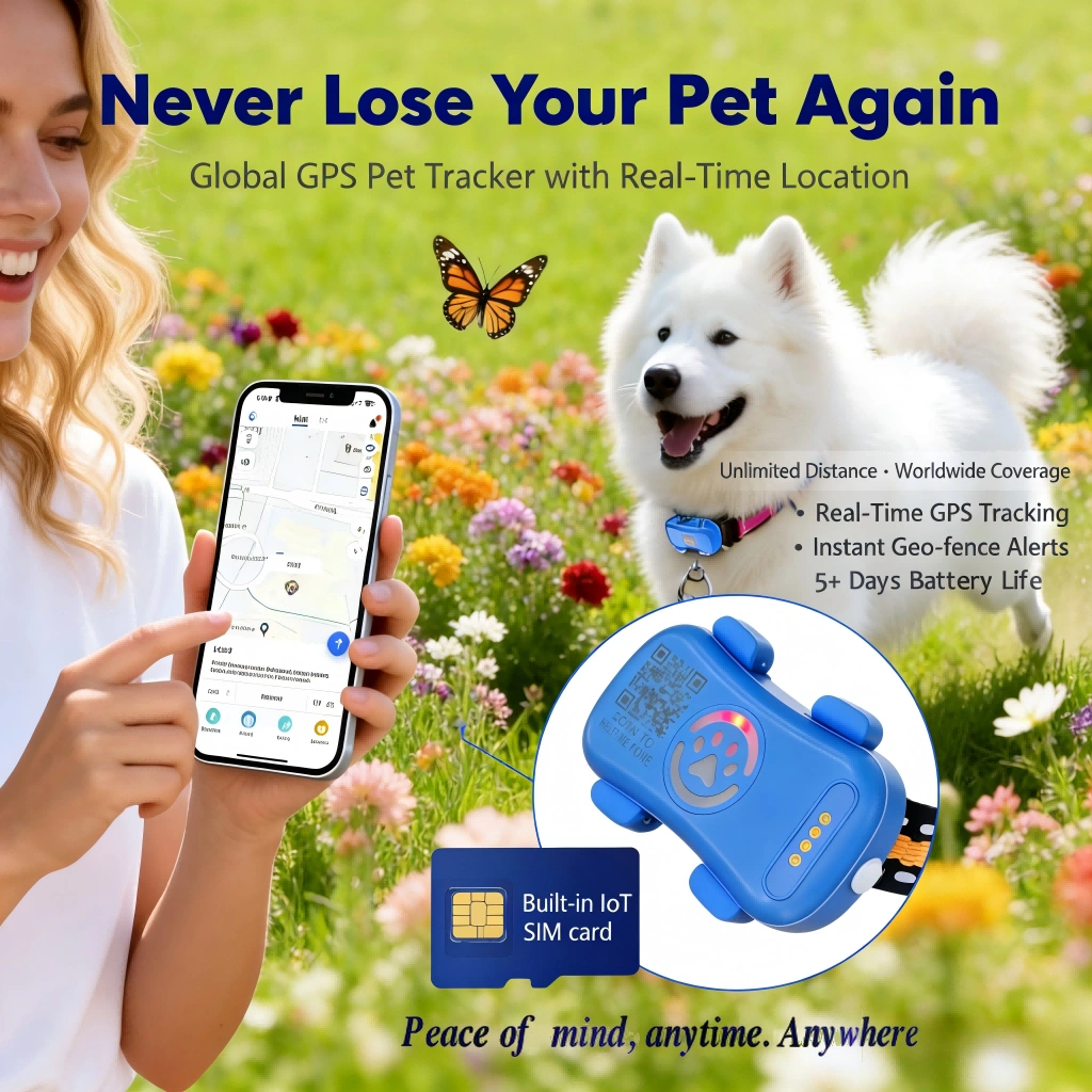 GPS Pet Tracker for Dogs Cats, IoT SIM WiFi Real-Time Tracking, Unlimited Range QR Anti-Lost Device, Subscription Required