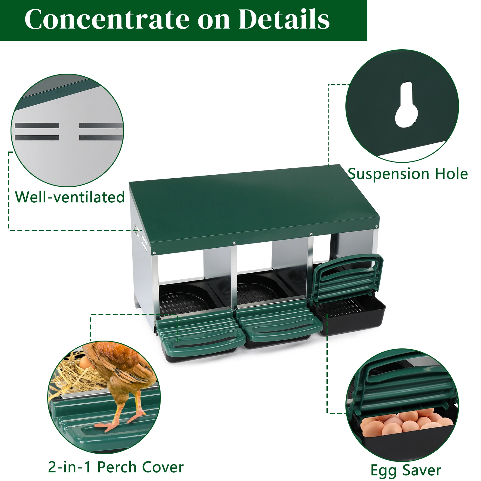 3 Compartment Roll Out Chicken Nesting Box with Plastic Basket, Egg Nest Box Chicken Laying Box Hens Chicken Coop Box, Green view 10